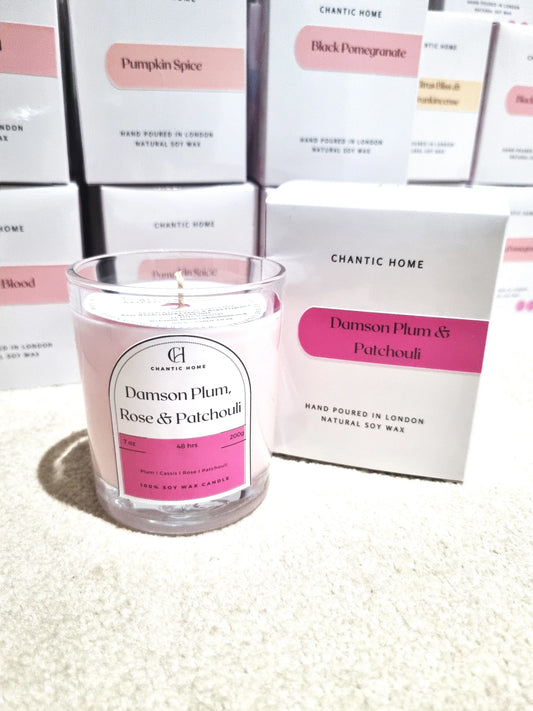 Damson Plum Rose and Patchouli Candle Vegan friendly Soy and Coconut Wax Petsafe Candles in Harrow