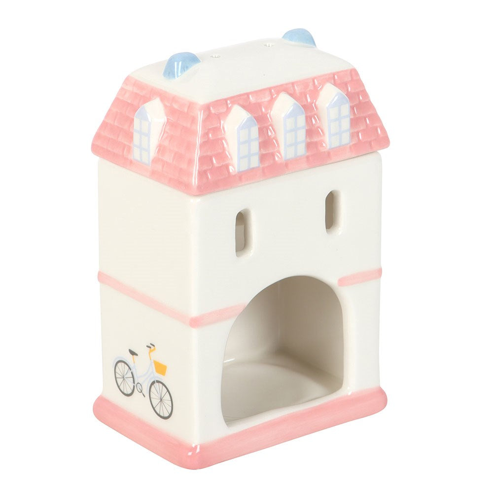 Handcrafted house-shaped oil burner ceramic wax warmer pastel pink home decor