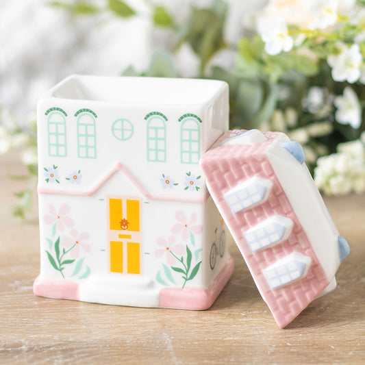 Pastel pink ceramic house wax melt burner sustainable home fragrance pet-safe London