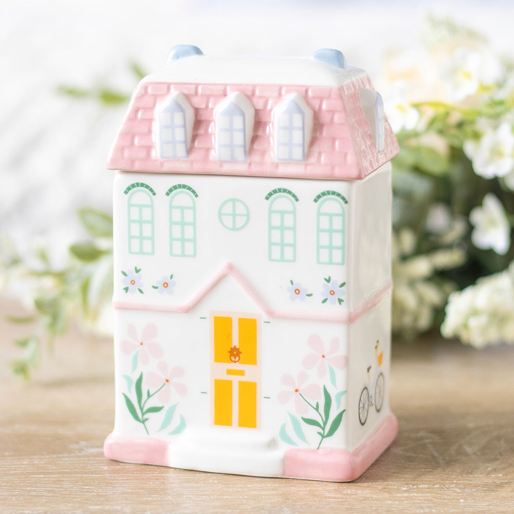 Pastel pink ceramic house wax melt burner sustainable home fragrance pet-safe London