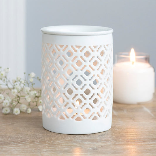 White ceramic lattice wax melt burner sustainable pet-safe home fragrance London